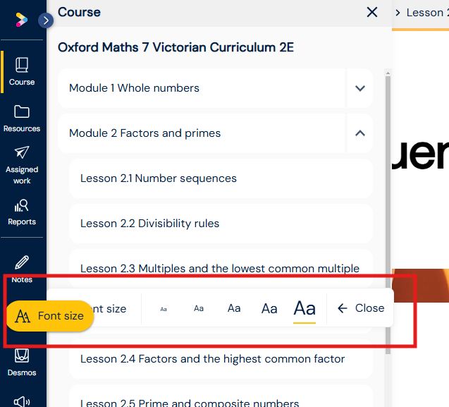 Font size adjustment tool opened from side bar menu in Oxford Maths 7 Victorian Curriculum 2E